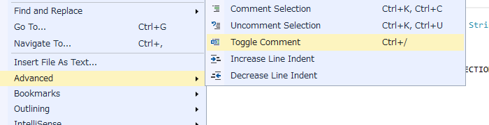 comment and uncomment in visual studio 2019